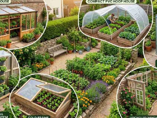 Best DIY greenhouse ideas for small gardens including lean-to PVC hoop shelving unit upcycled window cold frame and vertical space-saving designs.