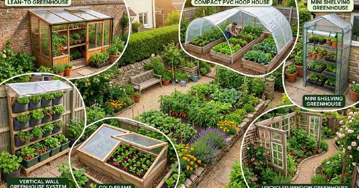 Best DIY greenhouse ideas for small gardens including lean-to PVC hoop shelving unit upcycled window cold frame and vertical space-saving designs.