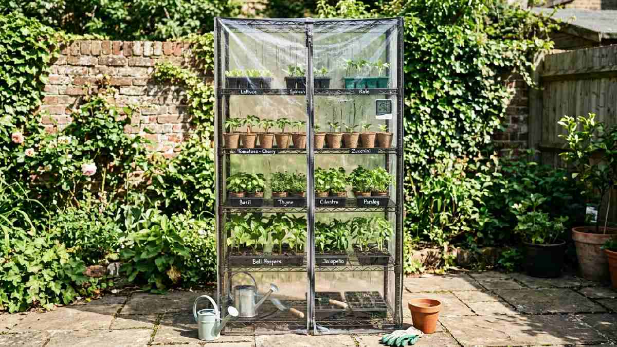 DIY mini greenhouse built from tall metal shelving unit covered with clear plastic zippered cover filled with seedling trays and herb plants.