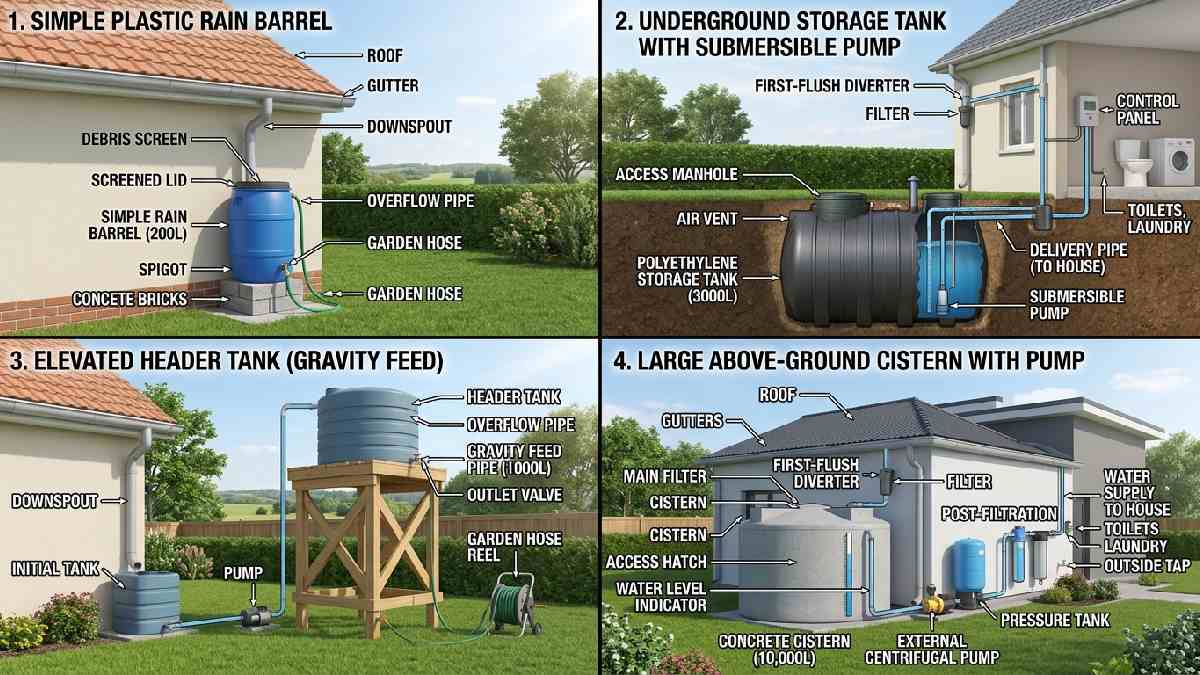 Rain barrel, underground tank with pump, gravity header tank, and cistern system showing different types of rainwater harvesting systems.