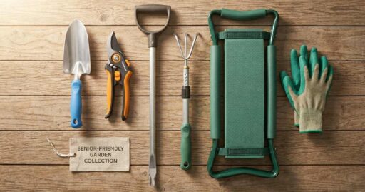 Premium ergonomic garden tools for seniors, including curved trowel ratchet pruners, D-grip weeder, telescopic cultivator, kneeler seat, and claw gloves on wood.