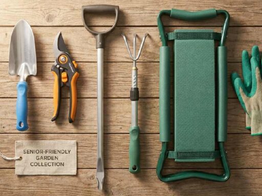 Premium ergonomic garden tools for seniors, including curved trowel ratchet pruners, D-grip weeder, telescopic cultivator, kneeler seat, and claw gloves on wood.