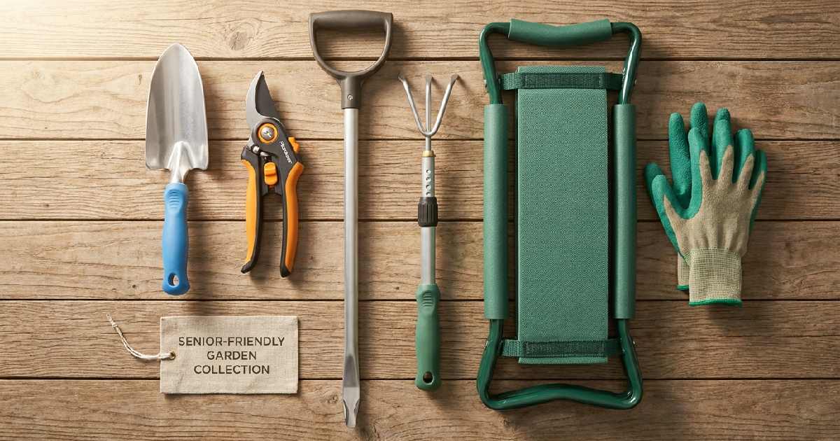Premium ergonomic garden tools for seniors, including curved trowel ratchet pruners, D-grip weeder, telescopic cultivator, kneeler seat, and claw gloves on wood.