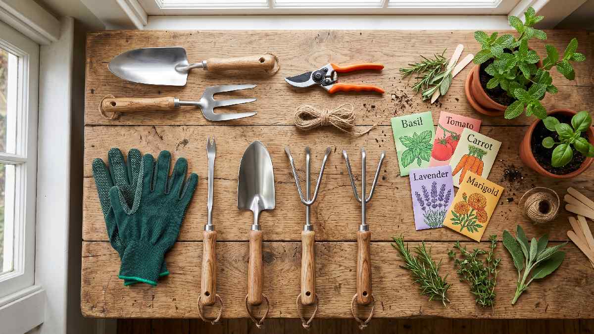 Essential beginner gardening tools including trowel fork pruning shears gloves weeder spade rake and cultivator arranged neatly on wooden surface.