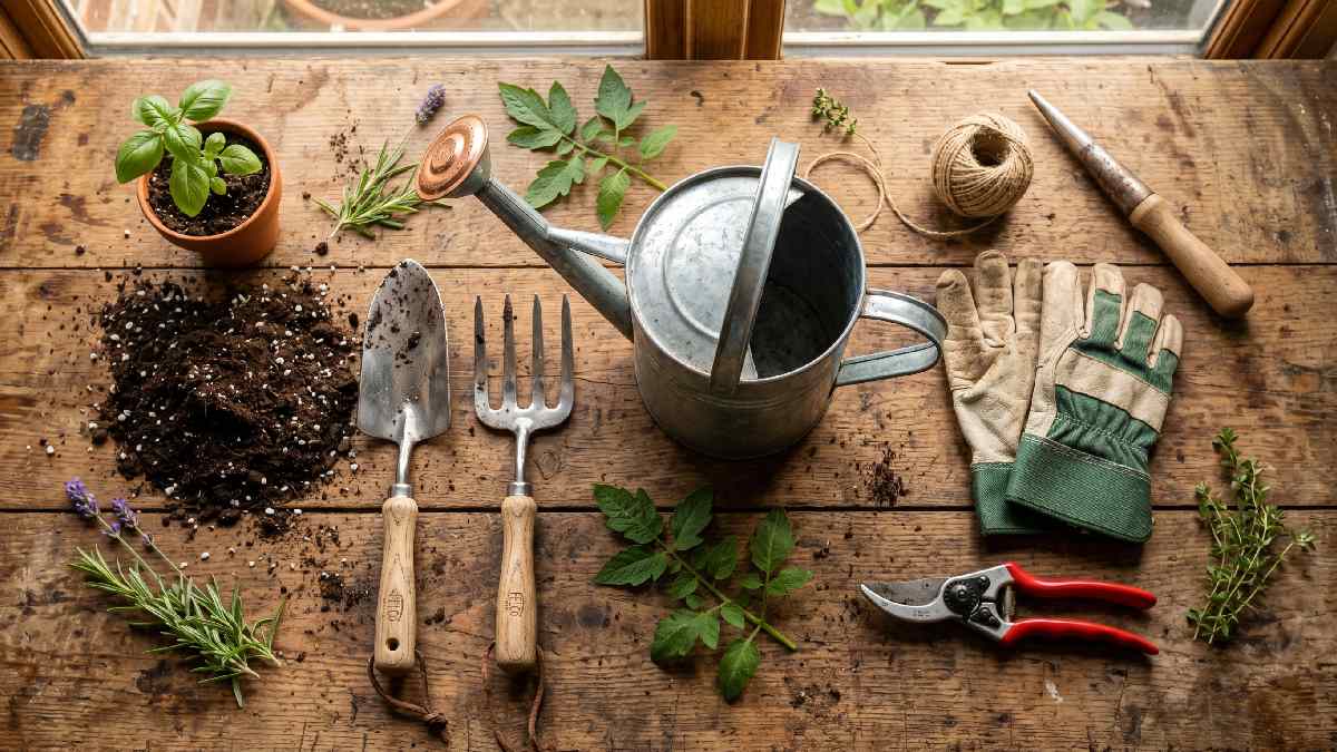 Essential home gardening tools including trowel fork watering can and pruning shears representing must-have gardening tools for every home gardener.
