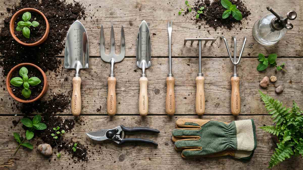 Complete garden hand tool set including trowel, fork, weeder, transplanter, rake, pruning shears, and gloves arranged on wooden surface.