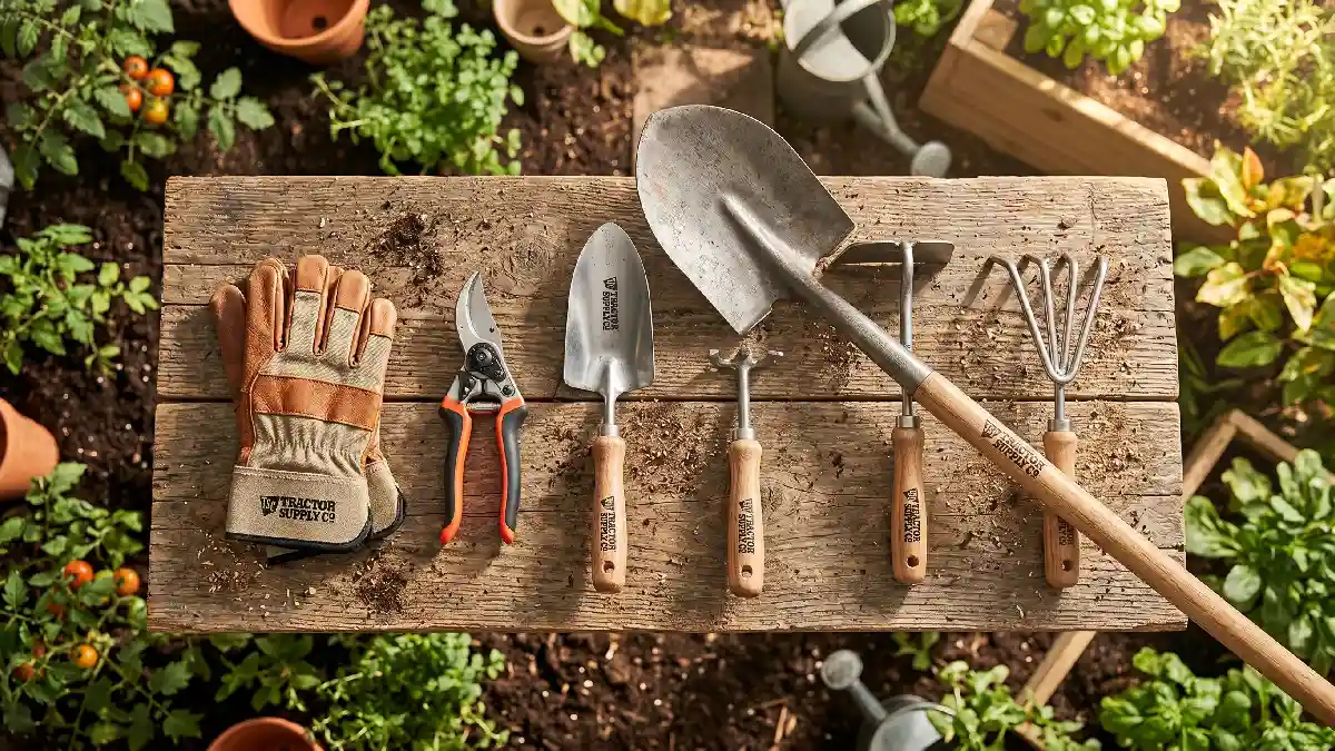 Essential Tractor Supply gardening tools including shovel rake hoe pruning shears and gloves every gardener should own.