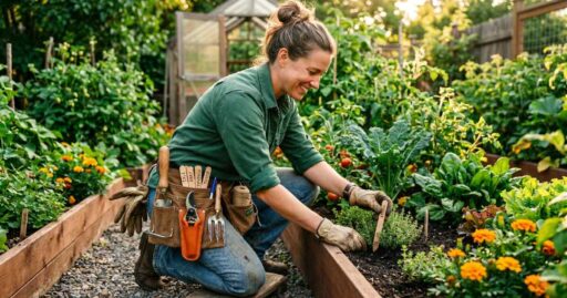Gardener wearing a gardener's supply tool belt with organized tools showing a complete guide to features, benefits, and uses for gardeners.