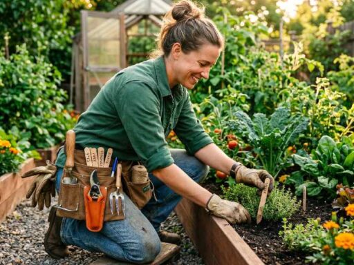 Gardener wearing a gardener's supply tool belt with organized tools showing a complete guide to features, benefits, and uses for gardeners.