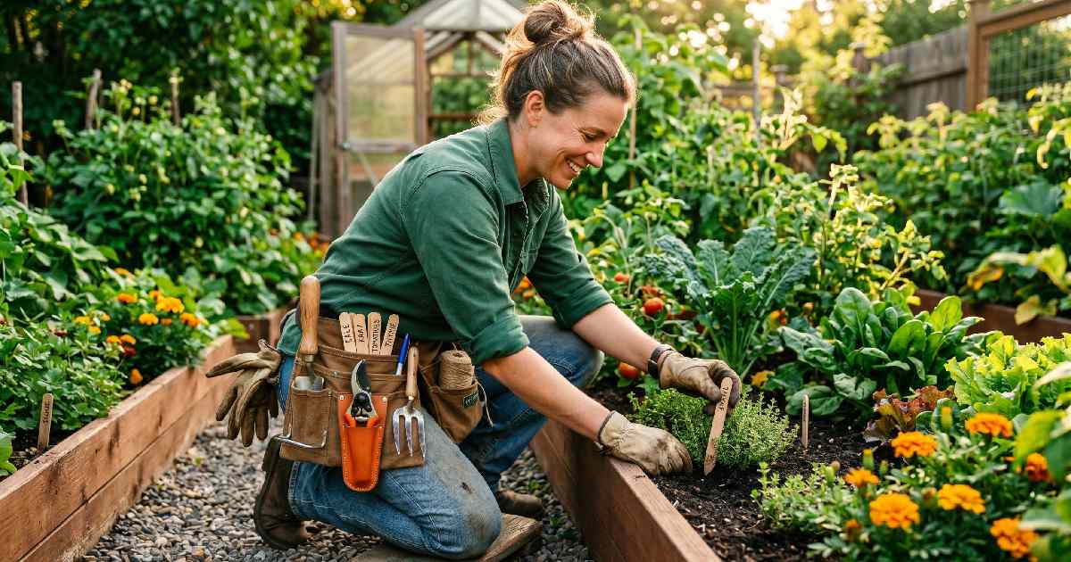 Gardener wearing a gardener's supply tool belt with organized tools showing a complete guide to features, benefits, and uses for gardeners.