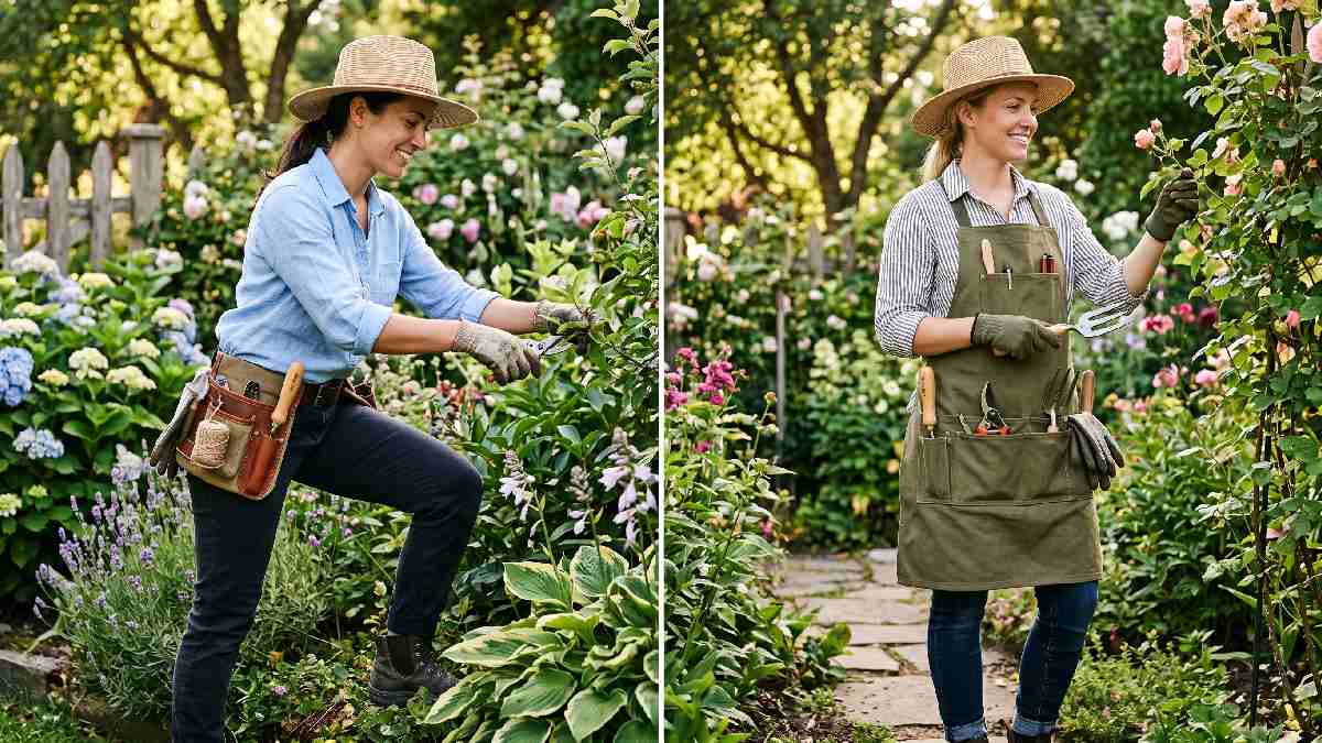  Gardener wearing tool belt beside gardener wearing apron showing key differences between gardening tool belt vs gardening apron.