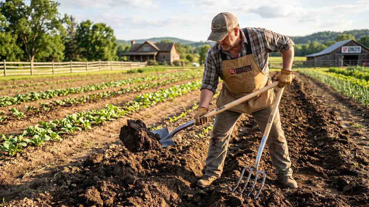 Gardener using heavy-duty shovel and fork in large garden field showing Tractor Supply gardening tools for large gardens.