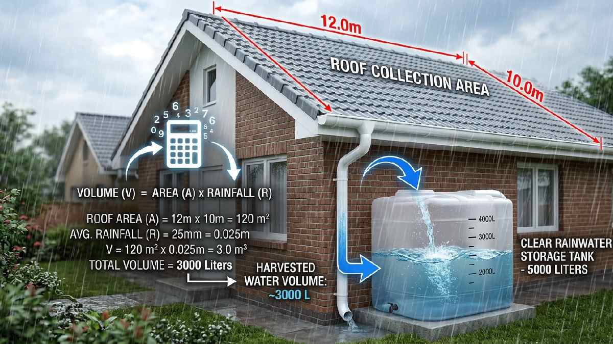 House roof with rain falling and measuring tape overlay showing calculation of how much rainwater can be collected and stored.