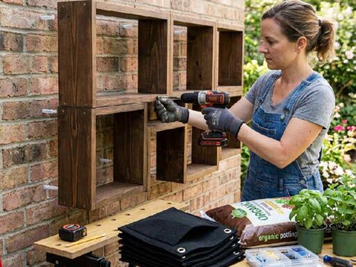 Person building a vertical garden wall with a wooden frame and fabric pockets filled with soil and plants mounted on a fence.