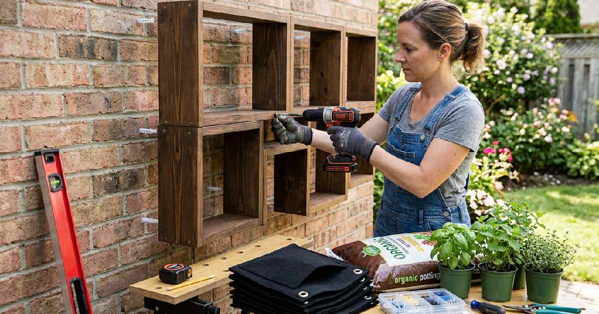 Person building a vertical garden wall with a wooden frame and fabric pockets filled with soil and plants mounted on a fence.