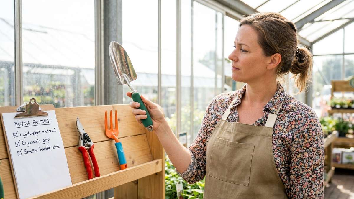 Woman in garden store choosing right lightweight garden tools checking ergonomic padded grip weight balance and smaller handle size for comfortable gardening.