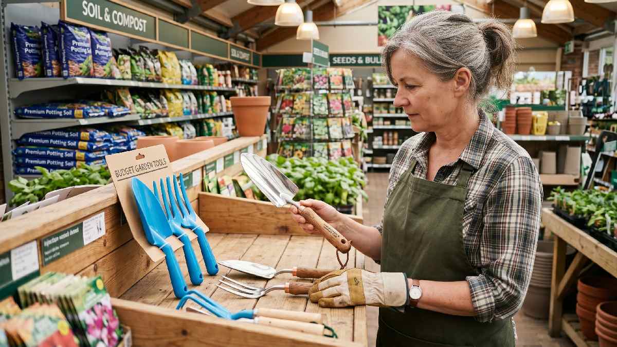 Gardener comparing quality stainless steel garden hand tools set with ergonomic handles against cheaper plastic tools in a garden store.