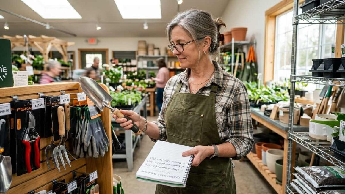 Gardener comparing stainless steel gardening tools in store checking ergonomic grip quality and material to choose the best gardening tools.