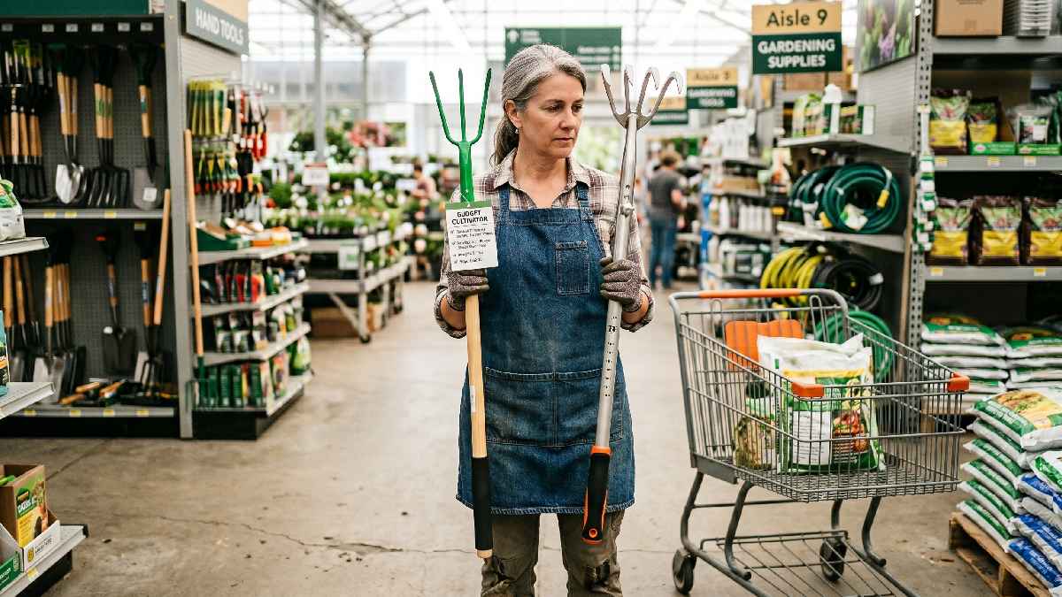 Gardener comparing two long handle garden cultivators in store checking tine material handle length and ergonomic grip for best buying choice. 