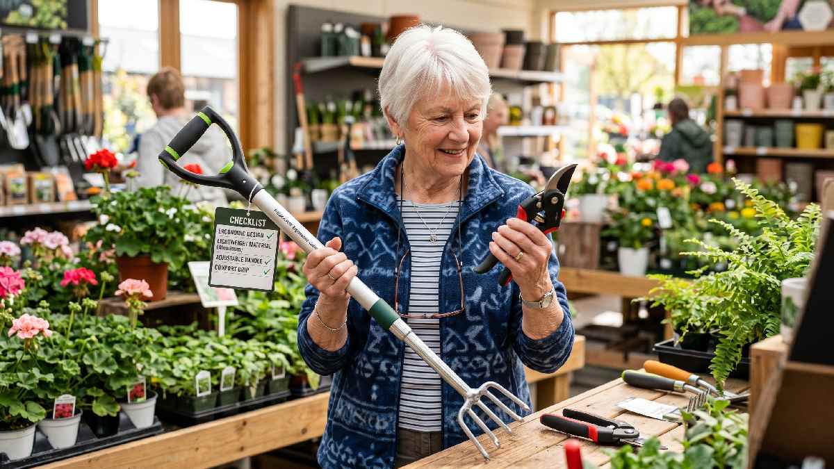 Senior woman comparing ergonomic garden tools in store checking lightweight handle padded grip and adjustable length for comfortable pain-free gardening.