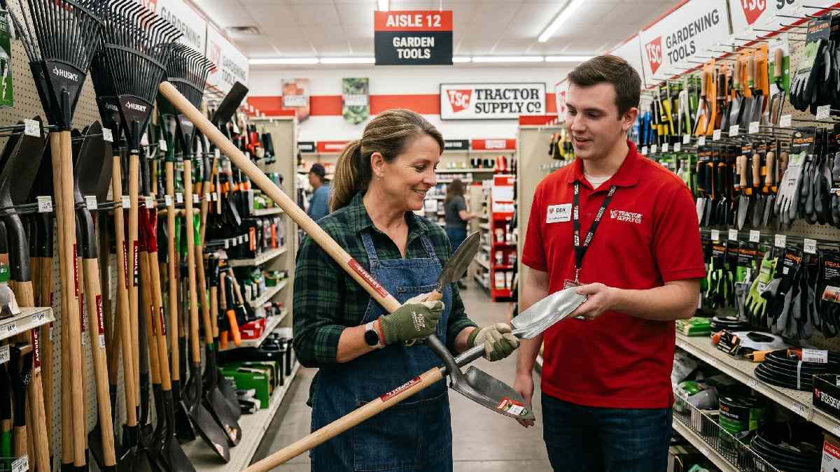 Gardener comparing tools in Tractor Supply store showing how to choose the right gardening tools at Tractor Supply.