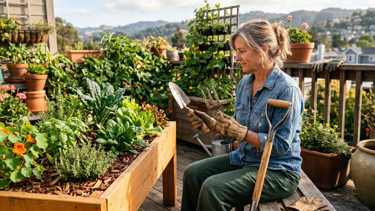 Gardener comparing different gardening tools beside urban balcony garden showing how to choose right gardening tools for your space.