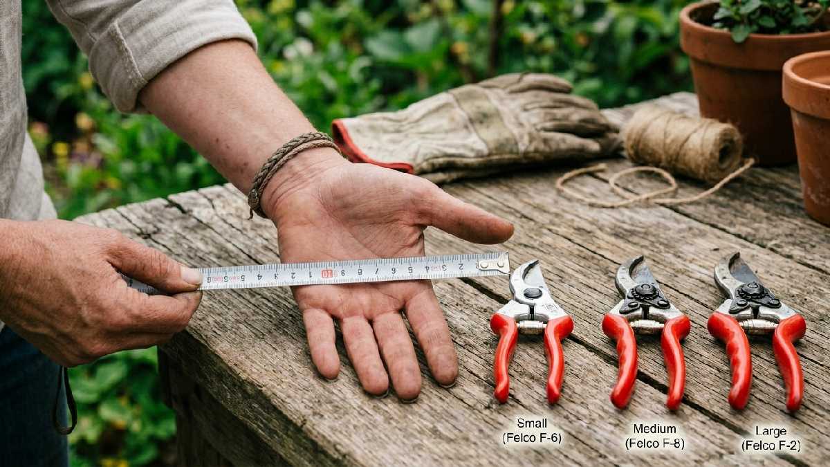 Woman measuring hand size with tape beside Felco pruning shears showing how to choose right pruning shears size for comfortable gardening.