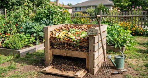 Wooden compost bin with green and brown layers, pitchfork, and watering can, showing how to compost at home for beginners.