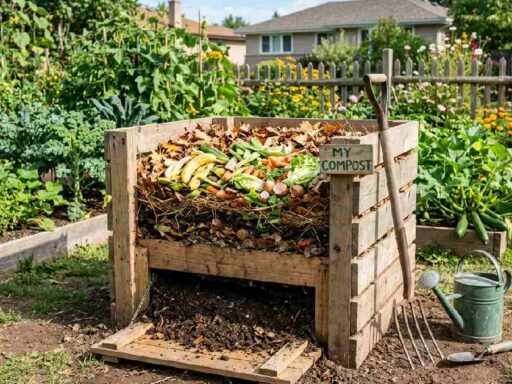 Wooden compost bin with green and brown layers, pitchfork, and watering can, showing how to compost at home for beginners.