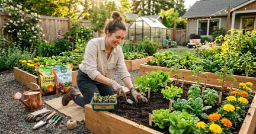 How to grow food at home for beginners, showing a gardener planting tomatoes, lettuce, spinach, and basil seedlings in a sunny raised cedar bed with tools.