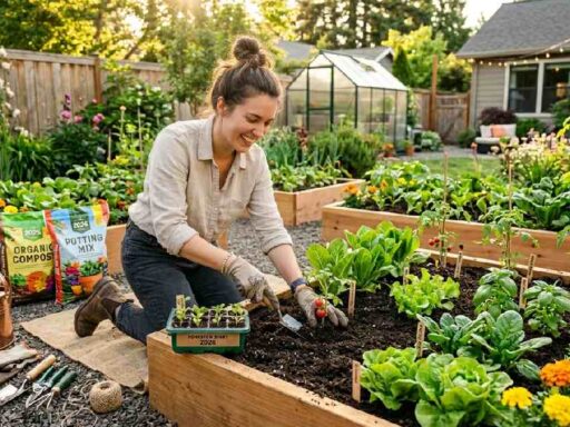 How to grow food at home for beginners, showing a gardener planting tomatoes, lettuce, spinach, and basil seedlings in a sunny raised cedar bed with tools.