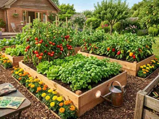 How to grow organic food at home, showing raised beds with tomatoes, lettuce, herbs, peppers, spinach, a compost bin, marigolds, and natural watering.
