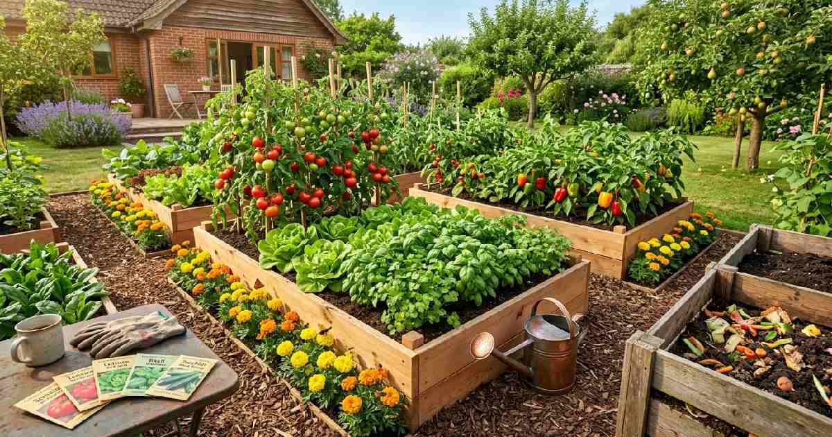 How to grow organic food at home, showing raised beds with tomatoes, lettuce, herbs, peppers, spinach, a compost bin, marigolds, and natural watering.