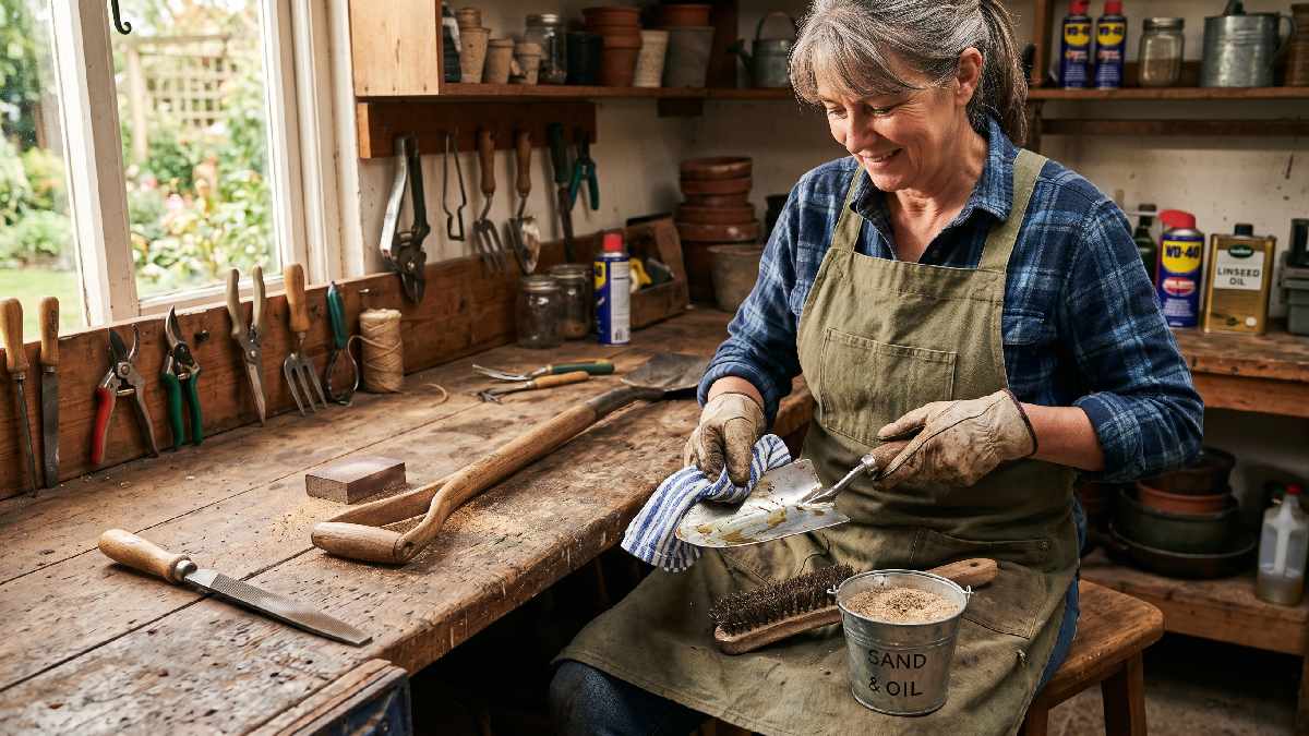 Gardener cleaning oiling and sharpening garden hand tools on wooden workbench with wire brush sand bucket and maintenance supplies nearby.
