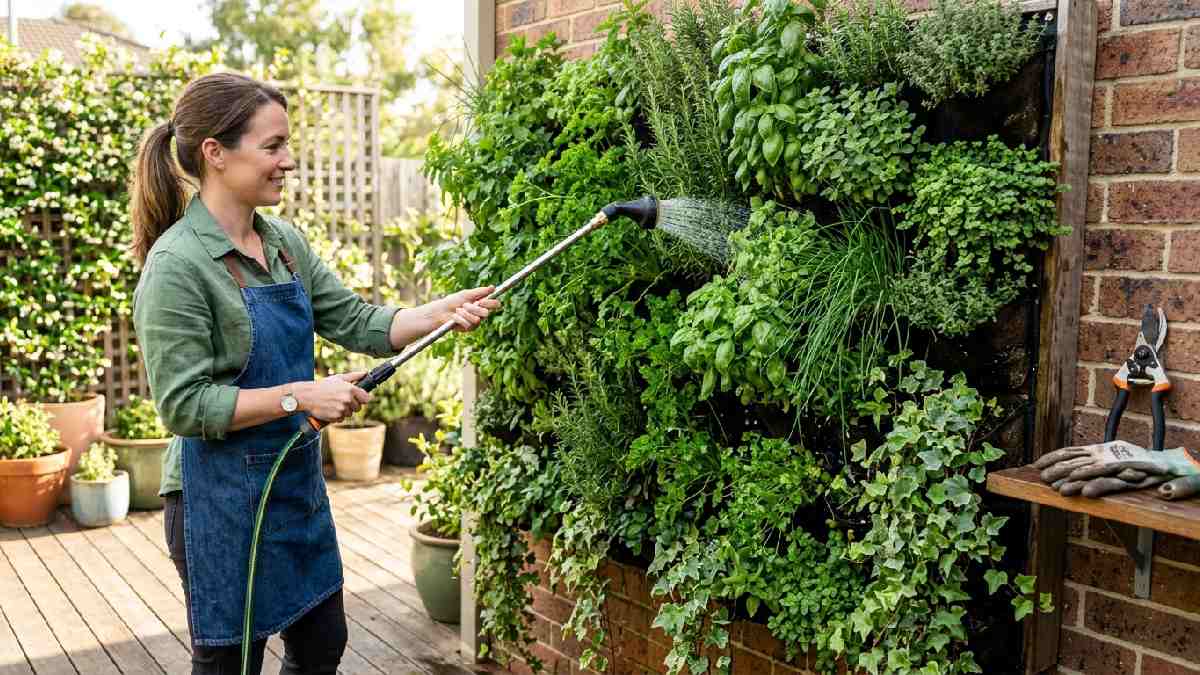 Person watering wall-mounted vertical garden with watering wand showing proper maintenance and care tips for healthy vertical gardens.
