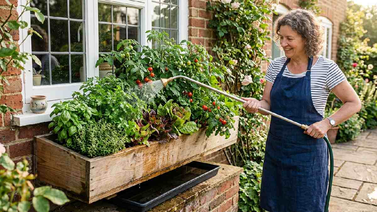Person watering wooden window box vegetable garden with watering wand showing proper maintenance care for healthy thriving plants.