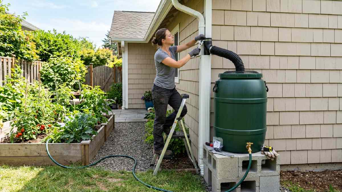 Homeowner connecting gutter downspout to elevated rain barrel with garden hose showing how to set up rainwater harvesting for gardens.