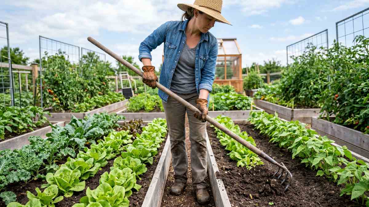 Gardener gripping long handle garden cultivator with both hands using back and forth motion to loosen soil between vegetable plant rows. 