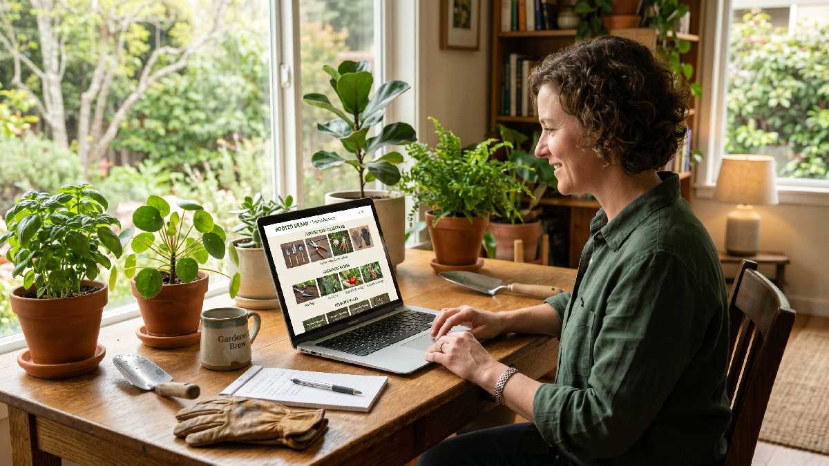 Gardener browsing Rooted Urban gardening website on laptop showing internal resources for better gardening tool supply in Marin County.