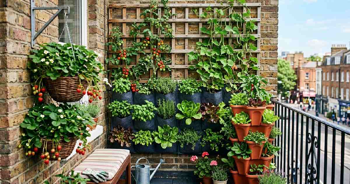 Trellis with climbing vines wall planters and hanging baskets showing introduction to vertical gardening for maximizing small spaces. 