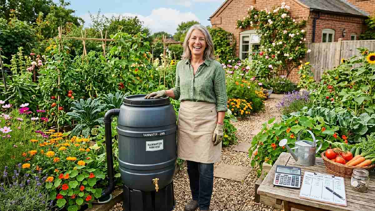 Happy homeowner beside rain barrel in thriving garden showing rainwater harvesting is worth the investment for home gardens.