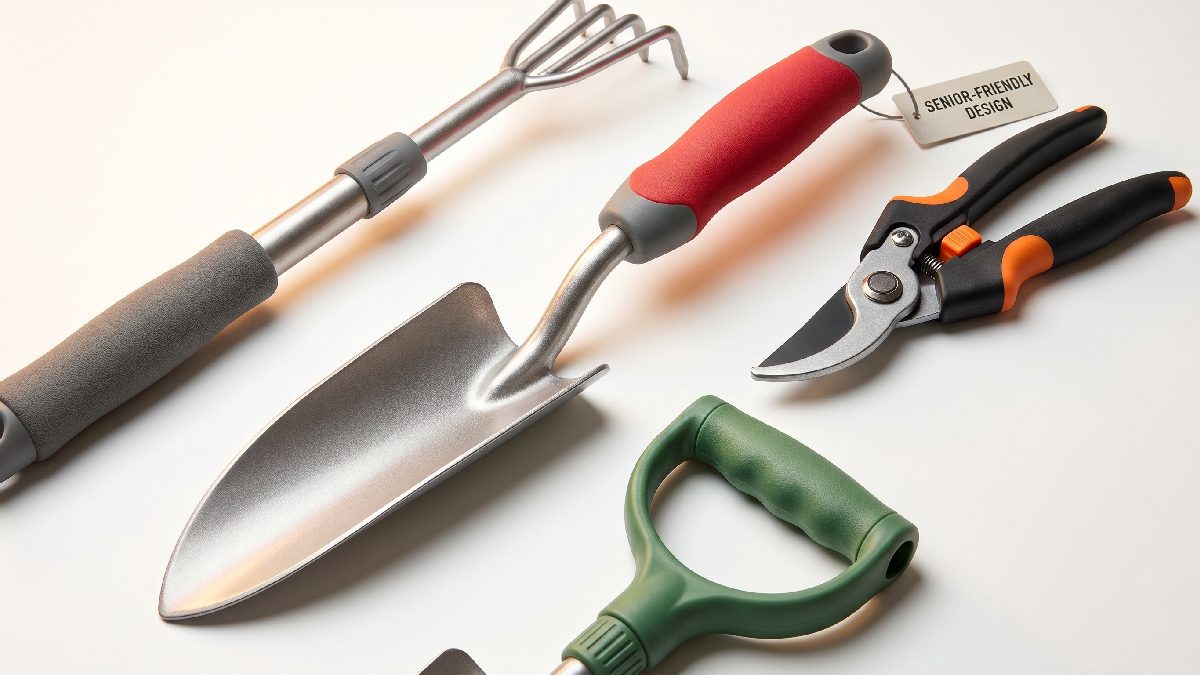 Ergonomic garden tools for seniors showing padded non-slip handles lightweight aluminum trowel, telescopic cultivator, and ratchet pruning shears for comfortable gardening.