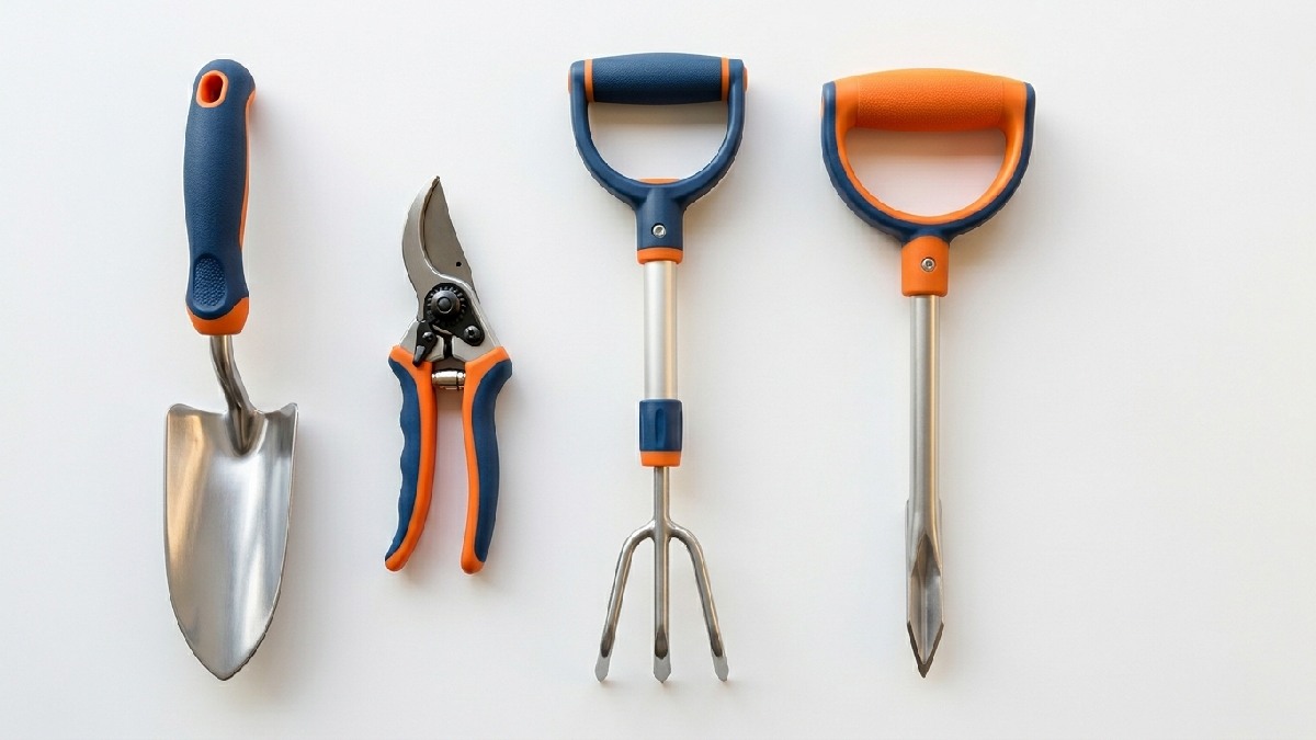 Ergonomic garden tools for seniors showing padded non-slip handles lightweight aluminum trowel telescopic cultivator and ratchet pruning shears for comfortable gardening.