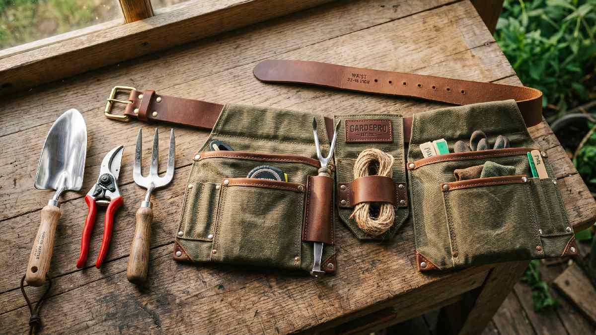 Garden tool belt with multiple pockets adjustable strap and tool holders showing key features to look for before buying.