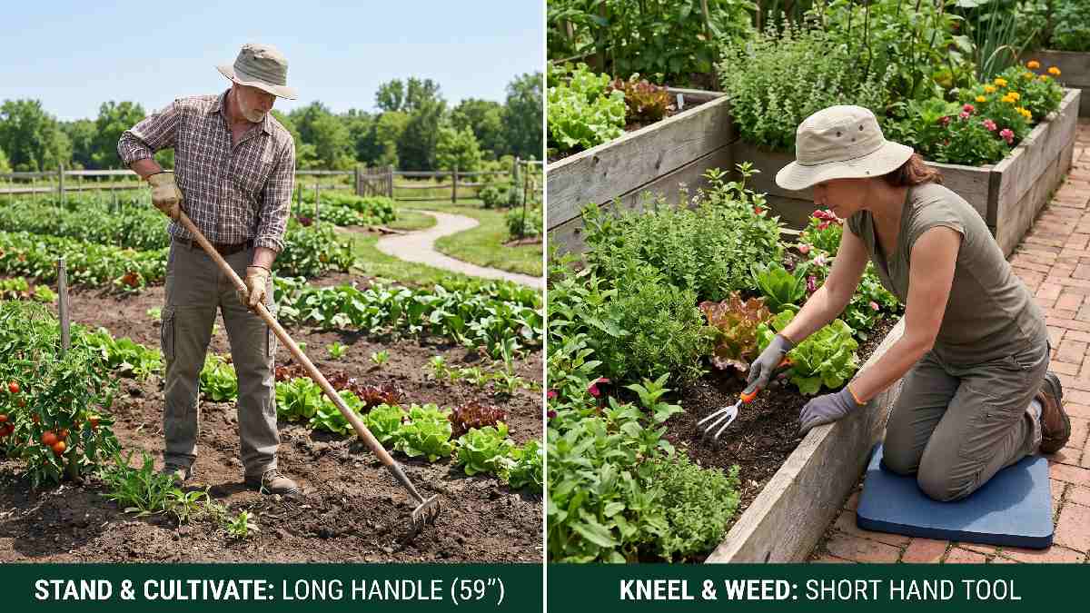 Side by side comparison of long handle garden cultivator used standing versus short hand cultivator used kneeling showing key differences. 