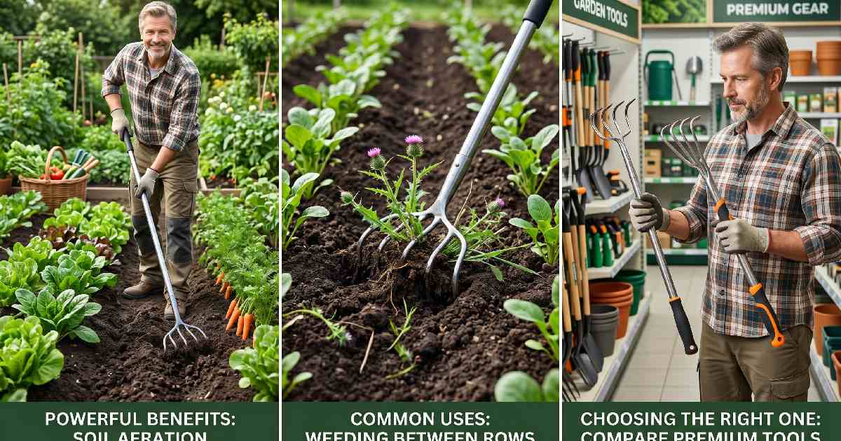 Long handle garden cultivator shown in three scenes demonstrating powerful soil benefits common garden uses and how to choose the right one.
