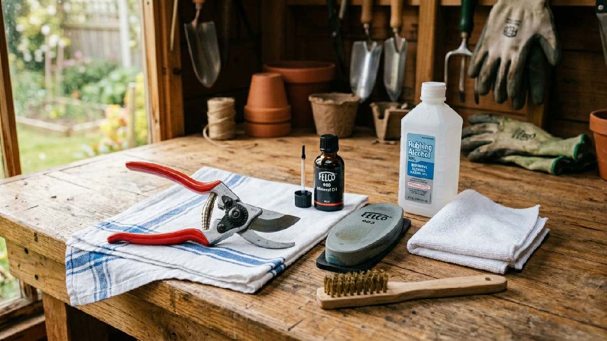 Pruning shears open on wooden workbench beside oil bottle sharpening stone cloth and wire brush showing maintenance tips for long lasting use.