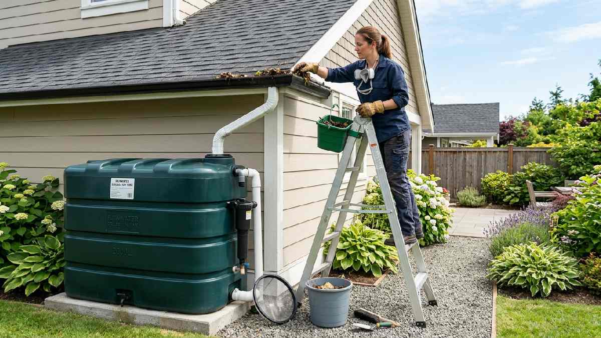 Homeowner cleaning roof gutters and filter screen above rainwater tank showing maintenance tips for rainwater harvesting systems.