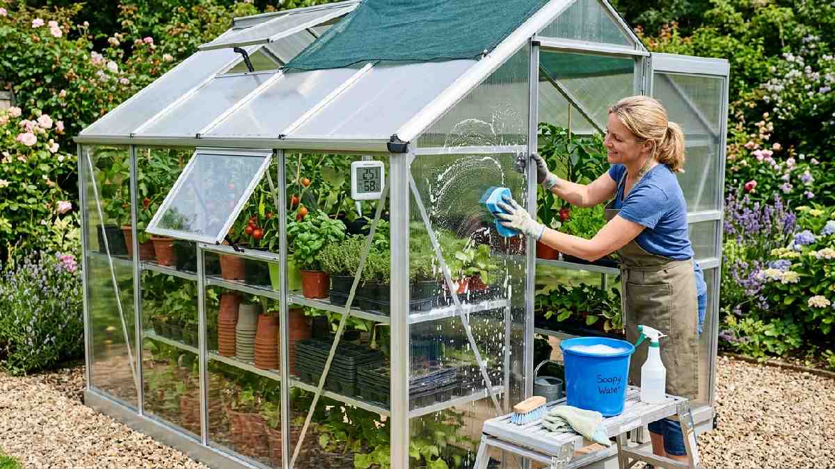 Small greenhouse maintenance tips showing cleaning polycarbonate panels opening vents organizing shelves disinfecting pots monitoring temperature and humidity for healthy plant growth.
