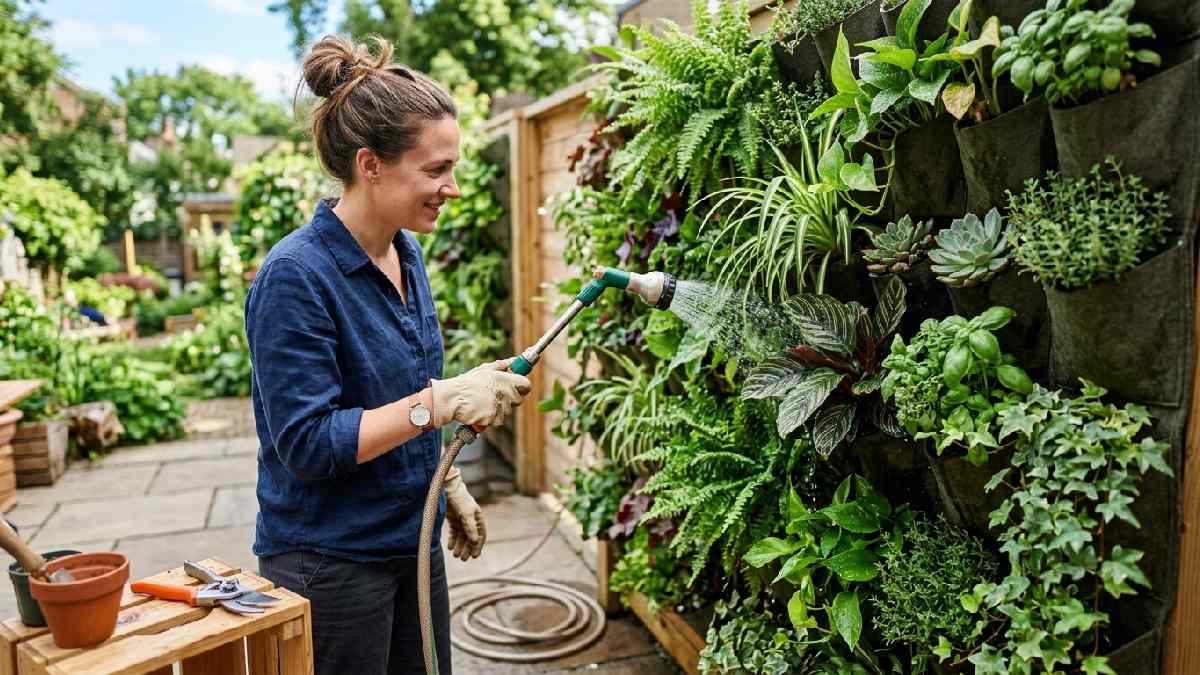 Person watering and pruning vertical garden wall plants showing routine maintenance and care tips for healthy growth.